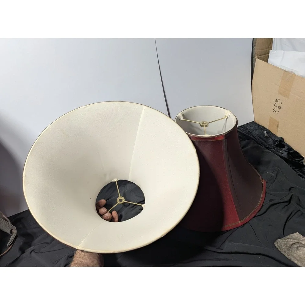 Vintage Pair of Burgundy Red Fabric Lamp Shades Bell‎ Shape Brass Spider Fitter